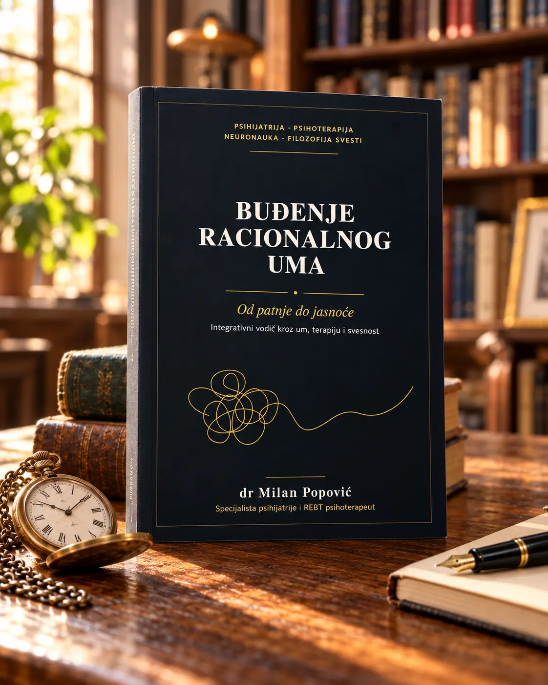 Promotivni prikaz knjige Buđenje racionalnog uma na drvenom stolu, uz penkalo i džepni sat.